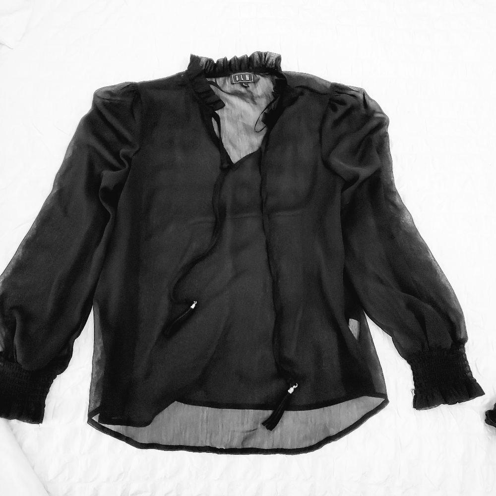 OLM Sheer Black Blouse with Ruffle Collar Sz L